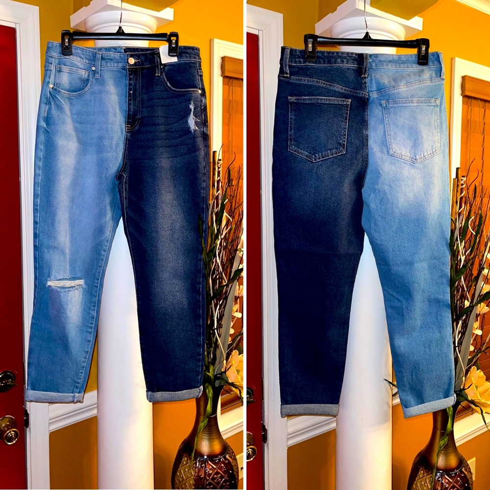 Distressed Two Tone Crop Style Jeans